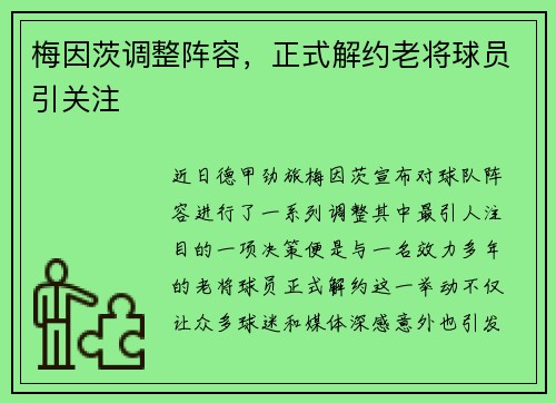 梅因茨调整阵容，正式解约老将球员引关注