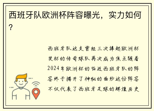 西班牙队欧洲杯阵容曝光，实力如何？